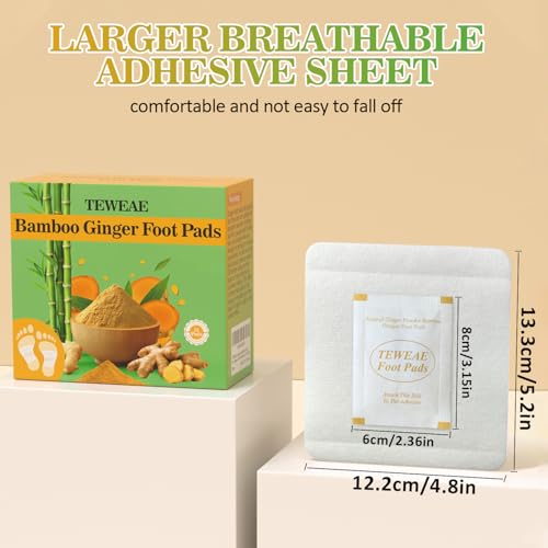 Image of TEWEAE 32 Pads Foot Pads -with Pure Natural Turmeric & Ginger, Wormwood, Bamboo Vinegar, Bigger Adhesive Pad Ginger Foot Pads