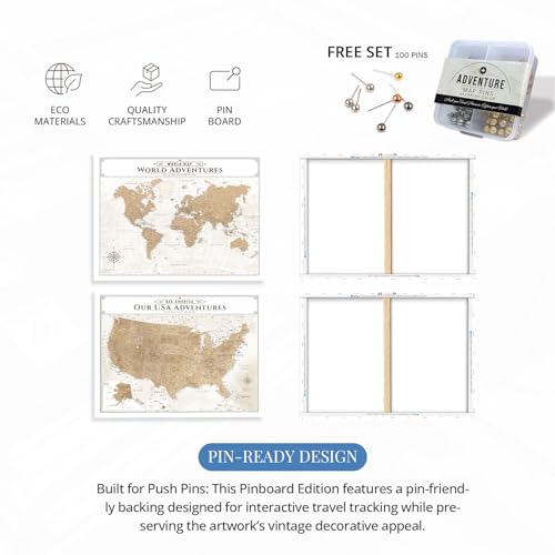 Image of IPIC - Vintage World Map & USA Map Canvas Wall Art Set of 2, Travel Wall Decor with Pins Included, Ready to Hang for Office or Living Room, 30x24 Inch