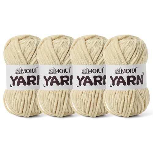 Image of 4 Packs Fluffy Chenille Yarn for Crocheting, Chunky Velvet Yarns for Crochet Amigurumi, Baby Yarn for Crocheting Soft Blanket, 349.9yds /14.1 oz Bulky Yarns for Crafts /Hats /Shoes /Socks (4 Beige)