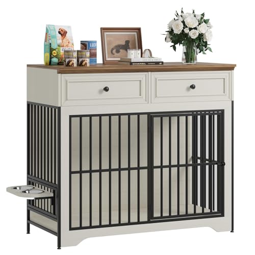 QUW 42" Modern Dog Crate Furniture, Wooden Dog Kennel for Medium to Large with 360° Rotating & 3-Levels Adjustable Height Dogs Bowl Holder, Decorative Dogs cage Pet House Indoor, Antique White