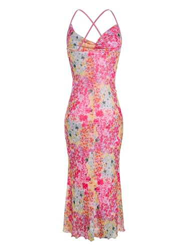 Image of SOLY HUX Women's Floral Mesh Bodycon Cami Dress Cowl Neck Sleeveless Cocktail Party Wedding Guest Long Maxi Dresses