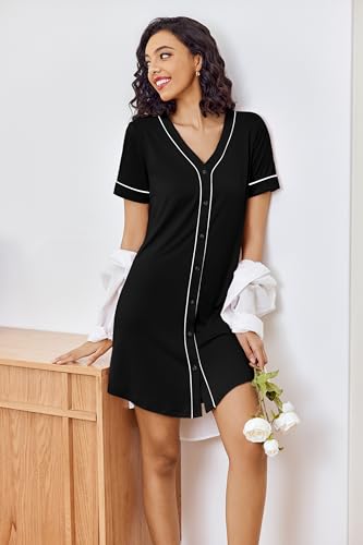 Ekouaer Nightgowns for Women 2 Pack Button Down Sleep Shirts Short Sleeve Night Shirts V Neck Sleepwear Soft Pajama Dress2