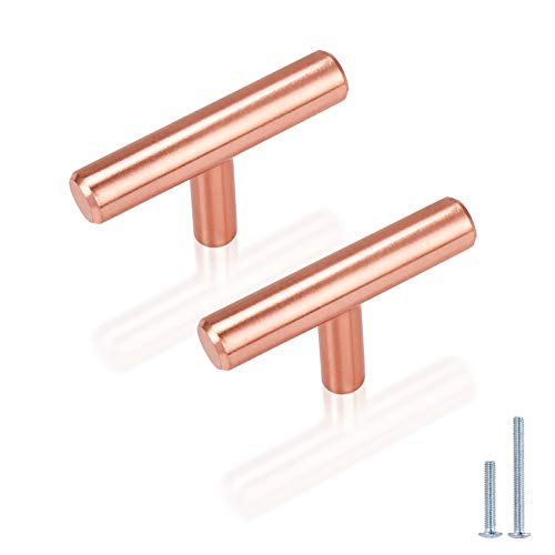 25 Pack T bar Cabinet Kitchen Pulls Satin Copper Solid Stainless Steel Drawer Handles 2''Rose Gold Cupboard Knobs Single Hole