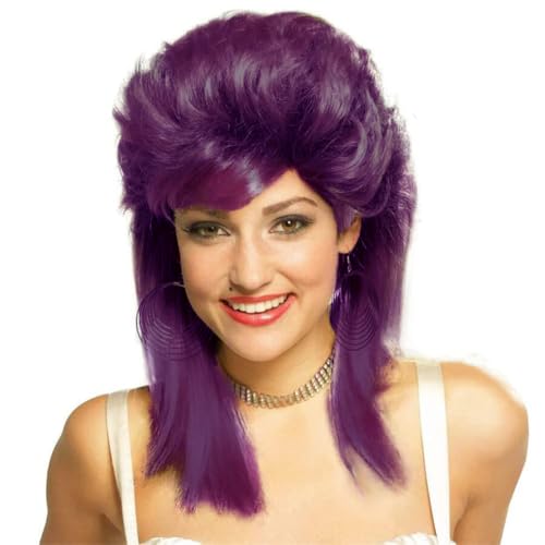 Image of Swiking Purple Mullet Wigs for Women 80s Rocker Shaggy Layered Fluffy Wig Shoulder Length Hair Cosplay Halloween Costume Wigs(Purple)