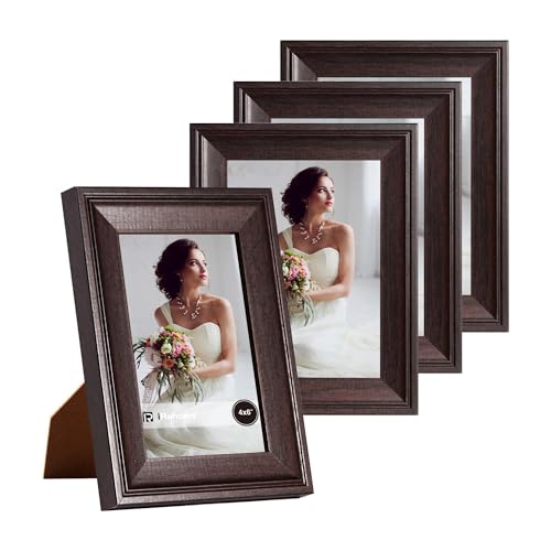 Image of iRahmen 4x6 Picture Frame Set of 4, Dark Brown Rustic Retro Photo Frame with Real Glass, Wood Farmhouse Style 4 x 6 Picture Frames for Wall Mount and Tabletop Display