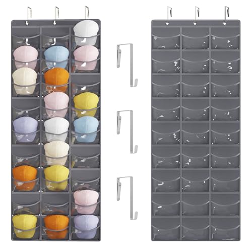 Fixwal Hat Organizer Racks for Baseball Caps, 27 Pocket Pocket Over the Door Hat Organizer with 3 Hooks, Hat Storage to Protect and Display, Gray