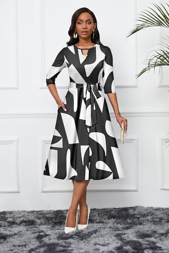 Image of CLOCOR Midi Dresses for Women Casual A-Line Fit and Flare Dress Crewneck 3 /4 Sleeve Keyhole Cocktail Party Church Dress
