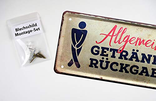 Blechschild Getränkerückgabe - Toilettenschild Gästetoilette Hinweisschild Schild Toilette WC Klo Restaurant Bar Club Disco Hotel Pension - Türschild mit Piktogramm - inkl. Befestigungs-Set - 28x12cm