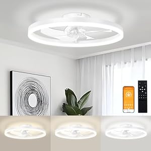 VOLISUN Low Profile Ceiling Fans with Light and Remote,19.7in Modern Bladeless Ceiling Fan with Lights,3000K-6500K Dimmable Flush Mount LED Fan Light,White Fandelier Ceiling Fans for Bedroom