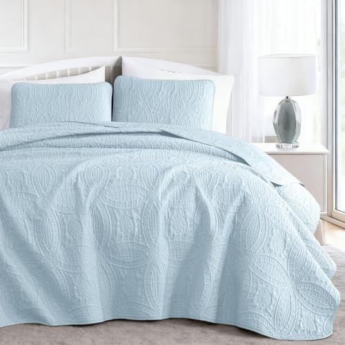 Vafodo Ensemble courtepointe King Sky Blue, 3 pièces, microfibre douce
