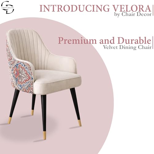 Image of Velvet Accent Chair | Modern Upholstered Dining Chair for Living Room, Office, Lounge & Vanity | Sturdy & Stylish Armchair (Floral, White)