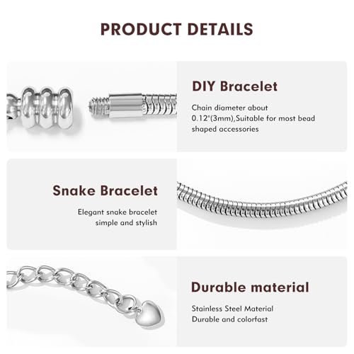 Charm Bracelet, Women Moments Slider Charms Bracelet, 3mm Stainless Steel Snake Chain Bracelet fits 4.75" to 5" Wrist Size3