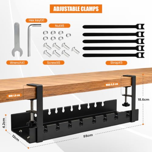 Image of Dyazo Under Desk Cable Management Tray | Adjustable 28.5-55 CM Metal Cable Organizer Rack | No-Drill Wire Management Shelf for Power Strip, Extension Board, Router, Network & Charging Cables (Black)