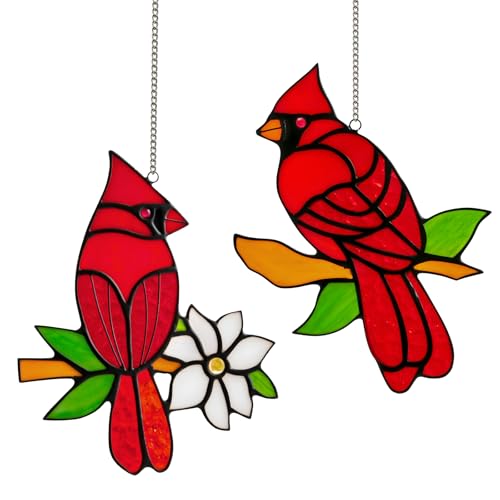 Calmpathz 2 Pcs Cardinal Stained Glass Window Hanging Suncatchers Sympathy Gifts for Loss of Loved One Unique Nana Grandma Memorial Gift Bird Decor & Christmas Ornament (6 Inch)