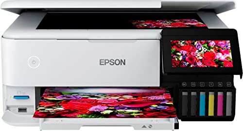 Image of Epson EcoTank Photo ET-8500 All-in-One Wireless Color Supertank Printer with Scanner and Copier - Print Scan Copy Fax- Auto 2-Sided Printing - White-Bundle with Ahaghug Printer Cable.