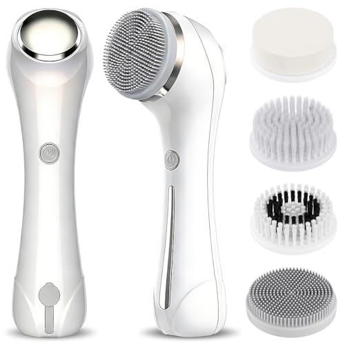 Limpiador Facial Electrico, Pengrity 3 en 1 Cepillo Limpiador Facial Electrico, con 4 Cabezales Limpiadores, 2 Velocidades, 360° Rotación, Masajeador facial con EMS y Calefacción, IPX7 Impermeable