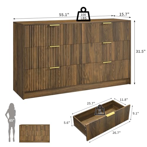 Image of Walnut 6 Drawer Dresser Bedroom,55 inch Wide Fluted Dresser Wood with Gold Handles,Mid Century Wooden Chest of Drawer for Closet,Bedroom,Living Room,Walnut