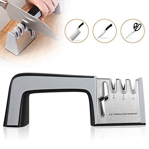 UBEGOOD - Afilador manual de cuchillos 4 en 1 de acero inoxidable, afilador de cuchillos de cocina, afilador de tungsteno para afilar gruesos y tijeras, afilado fino, afilado de cerámica de precisión