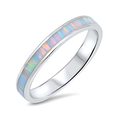 Blue Apple Co. 2mm Full Eternity Stackable Band Ring Lab Created White Opal 925 Sterling Silver