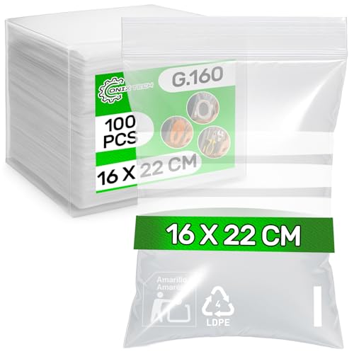 100 Piezas Bolsas Zip Con Bandas Blancas 16 X 22 Cm Ldpe - Food Safe - Bolsas Con Cierre Zip Para Chuches Congelacion Comunion Alimentos Galletas - Espesor 0,04 Mm G.160 - Onix Tech