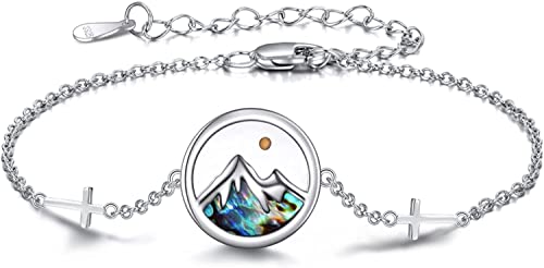 AOBOCO Mustard Seed Anklet for Women S925 Sterling Silver Adjustable Mountain Cross Faith Anklets Christian Jewelry Mothers Day Birthday Gifts for Mom (9+2 Anklet, Mountain)