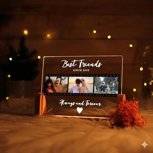 Image of Friendship Day Custom Photo Collage LED Lamp, Personalised Acrylic Night Light for Best Friends, Warm White, Wooden Base, Touch Control, Modern Style (Bestie 2)