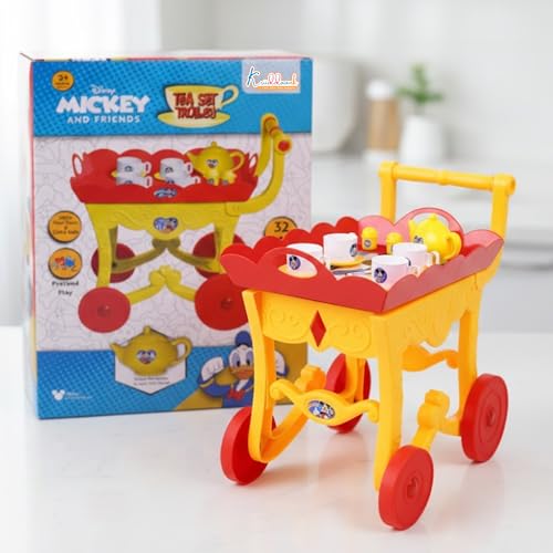 Image of Mickey Tea Trolley - 32 Pcs Disney Character Pretend Play Tea Set for Kids with Lights, Sounds, Electronic Kettle & Saucers, Fun Educational Kitchen Toy for Boys & Girls Age 3+, Red