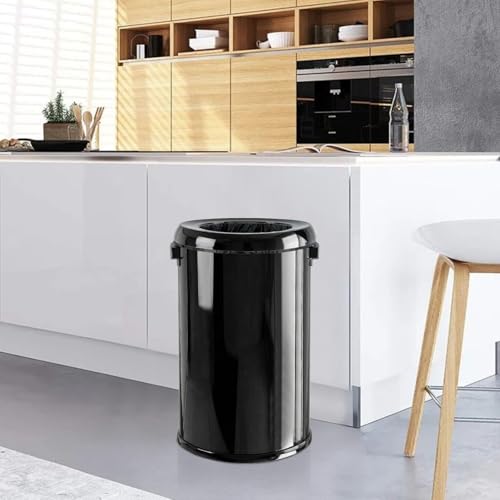 Image of Garvee 17 Gal /65 L Round Trash Can, Stainless Steel Open Top Garbage Can for Kitchen, Heavy Duty Commercial Trash Bin for Restaurant Home Office, Gloss Black | Stainless Steel Swing Top Garbage Can, Large Capacity Waste Bin for Kitchen Restaurant Home Office, Gloss Black