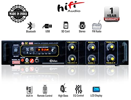 Image of BIDAS BS-5555 3055 Transistor 4-Channel High Power Stereo Amplifier with LED Display /Bluetooth /MIC Input /USB /SD Card Slot /FM Radio /AUX Input /Remote Control & Built-in Equalizer