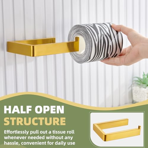 Image of APLusee Brushed Gold Toilet Paper Holder, 304 Stainless Steel, Wall Mounted | 304 Stainless Steel, Rustproof for Bathroom Restroom Vanity, Space-saving Tissue Holder, Fits Regular, Large, Mega Rolls
