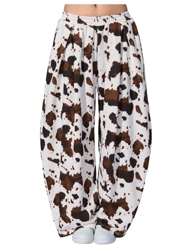SweatyRocks Womens Cow Print Baggy Pants Elastic High Waist Y2k Loose Long Pants Trousers Brown and White Small