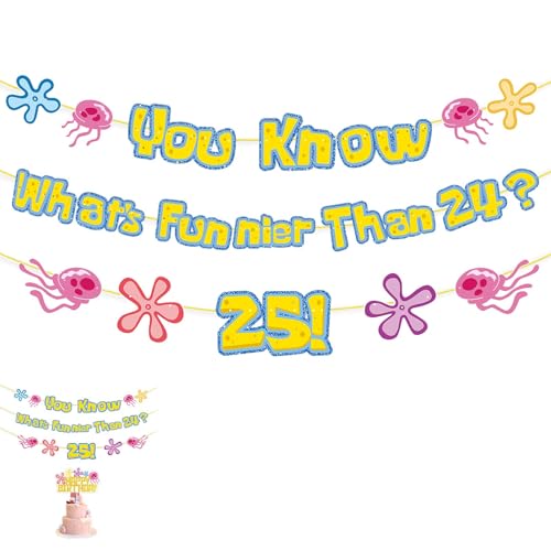 Yellow Glitter 25th Birthday Banner & Cake Topper Kit – “What’s Funnier Than 24?” Party Decoration Set for Milestone 25th Birthday Celebrations