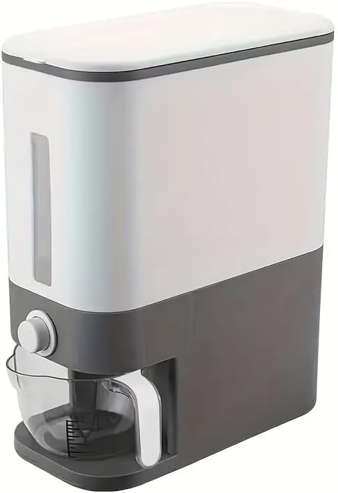Cubo dispensador de arroz con abertura gris, contenedor grande de grano sellado con taza medidora, contenedores de almacenamiento de alimentos secos