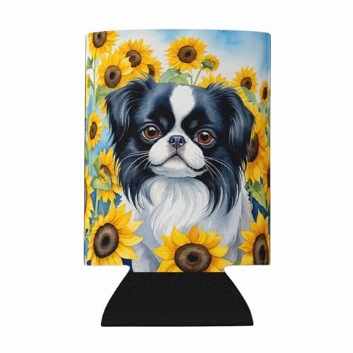 Caroline's Treasures Japanese Chin in Sunflowers Can or Bottle Hugger Cooler Washable Drink Sleeve Collapsible Beverage Insulated Holder, Can Hugger, Multicolor