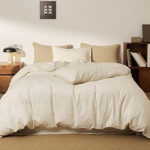 Image of mixinni 3 Piece Washed Cotton Linen Blend Duvet Cover Set King Size, Soft Breathable Farmhouse Beige Neutral Solid Duvet Cover with Natural Linen Texture, 104x90 inches with 2 Pillowcases