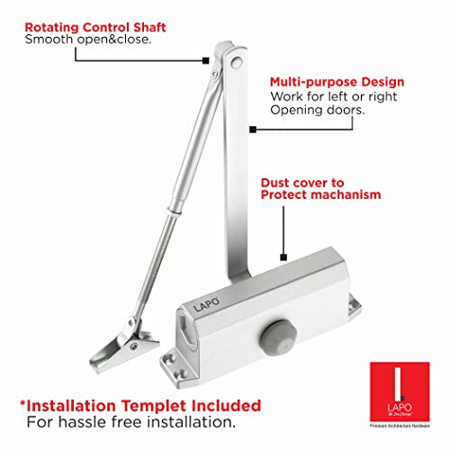 Image of LAPO Heavy Duty Aluminium Automatic Hydraulic Double Speed Door Closer / Aluminium and Wooden Door Closer with Fitting Set for All Door Weight Up to 65 Kg (Silver Finish)