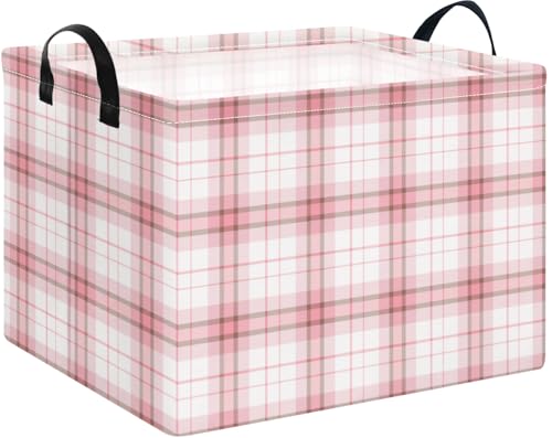 Image of Pink Plaid Waterproof Multipurpose Foldable Storage Cift Basket with Leather Handle,Baby shower,Home,Picnic,Trunk(Pink Plaid)