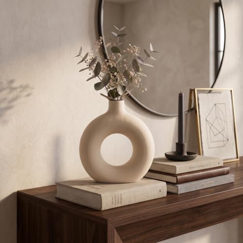 Image of Modern White Ceramic Donut Vase Decorative Flower Vase for Home Decor 5 inch