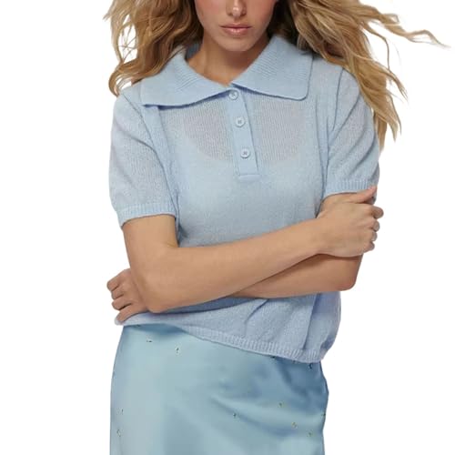 Women's Lapel Hollow Knitted Short Sleeved Sweater Bubble Sleeve T-Shirt Knitted Sweater