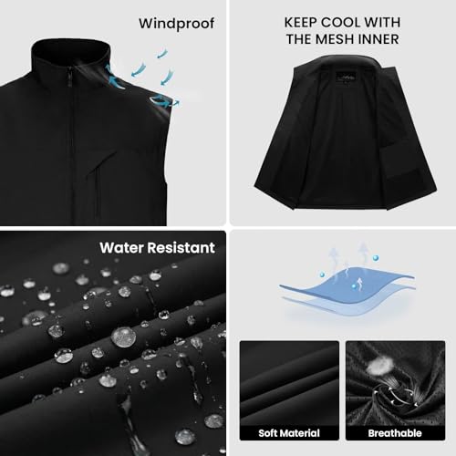 Image of Mens Vests Outerwear Windproof Lightweight Softshell Sleeveless Jacket | Breathable Zip Up Multi-Pockets Quick Dry Sports Vest for Golf Hiking Fishing Running