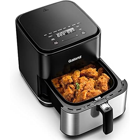 Galanz Oil Free Electric Digital Air Fryer with Touch Control Panel 8 Pre-Programmed Settings, Shake Alert, and Removable Non-Stick Fry Basket, 5.8 Quart, Stainless Steel Cover