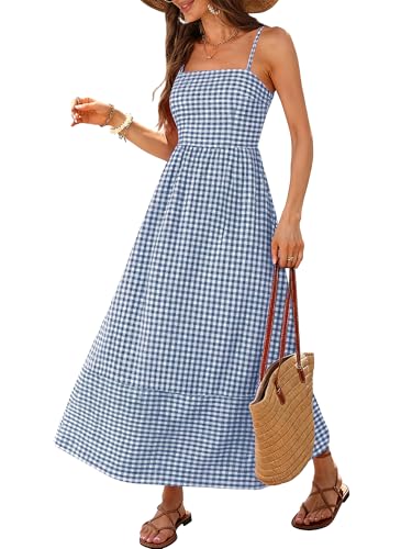 Image of Caracilia Womens Maxi Dresses Gingham Spaghetti Strap Back Smocked Flowy Long Sundress Summer Beach Vacation Clothes 2026