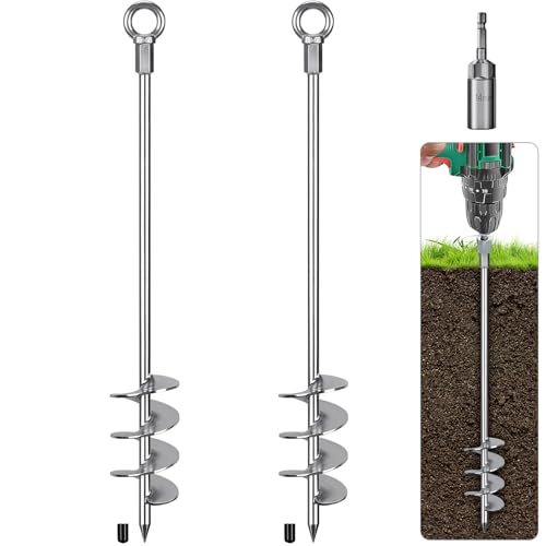 BeneLabel Zeltheringe Erdanker Bodenanker, 61cm Schwerlast Trampolin Schraubheringe 2er Groß Sand Erdnägel Spirale Windsturm Spike für Schaukel/Camping/Schuppen/Hund/Carport mit Fester Öse, Silber