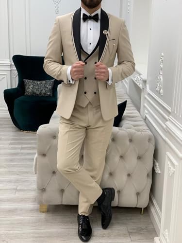 HUUTOE Men's Tuxedo Suits Slim Fit 3 Piece Stylish Wedding Dinner Formal Suit Black Edged Shawl Lapel Suit Set with Bow Tie3