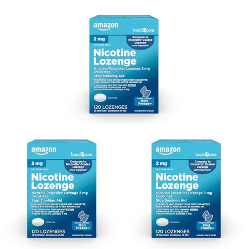 Amazon Basic Care Coated Ice Mint Nicotine Polacrilex Lozenges, 2 mg, Stop Smoking Aid, 120 Count (Pack of 3)