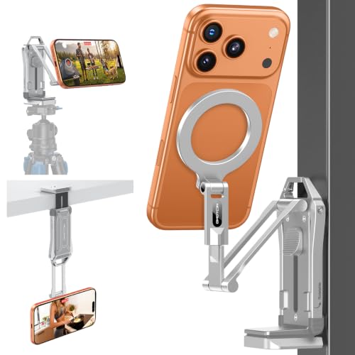 OMOTON TP02-Pro Magnetic Phone Holder, 5-in-1 Tripod Stand with Rear Attachment Plate | Desk, Kitchen, Gym, Vlogging | iPhone 12-17 Series, Silver