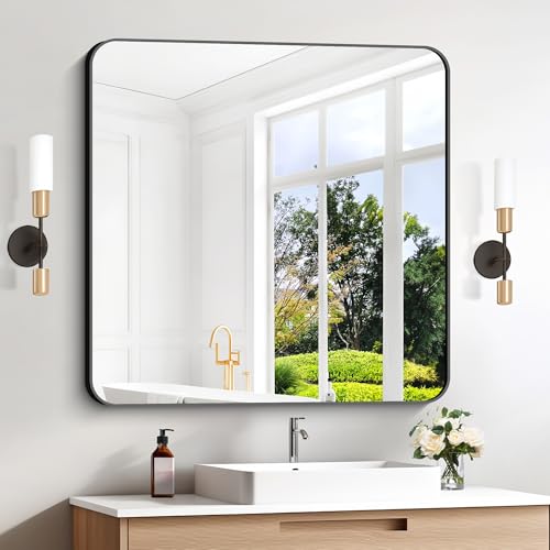 Image of Black Bathroom Mirrors for Wall, 30 inchx30 inch Square Mirror, Rounded Corner Metal Frame Wall Mirror, Bathroom Vanity Mirror for Bedroom Living Room Entryway Horizontal Or Vertical Mounting