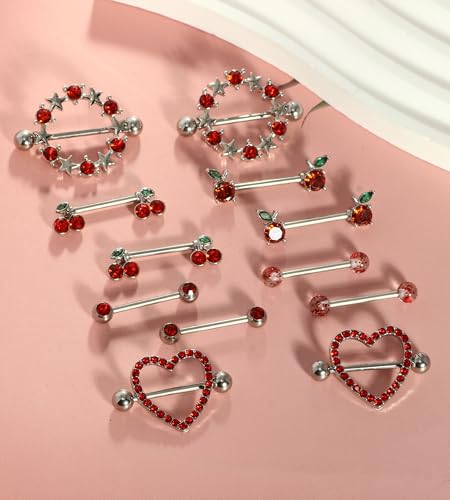 14G Nipple Rings for Women 316L Stainless Steel Heart Cherry,Star Butterfly Nipple Barbell CZ Cute Nipple Rings Set Nipplerings Piercing Jewelry3