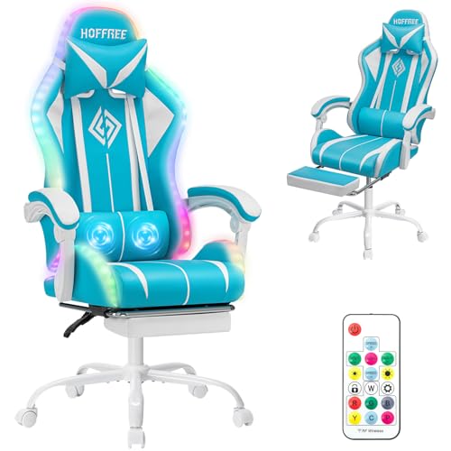 Image of RGB Gaming Chair with LED Lights Massage Game Chair with Footrest Ergonomic Computer Chair High Back Video Game Chair with Adjustable Lumbar Support Linkage Armrest Blue and White