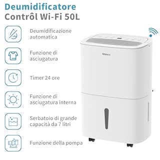 Shinco WIFI Deumidificatore Portatile 50L/Giorno con Pompa di Sollevamento, Purificatore d'aria, Filtro a Carbone Attivo, Timer 24 Ore, Scarico Continuo, Funzione Asciugatrice, Bianco